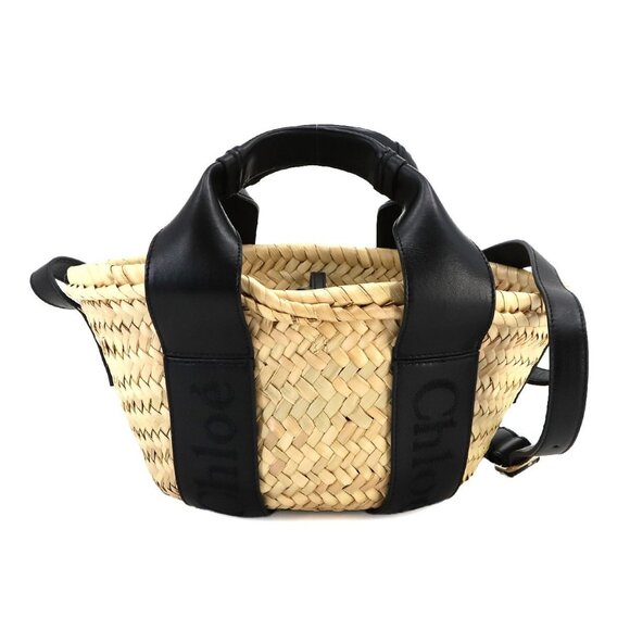 Chloe Sense Small Basket Hand Shoulder Bag Beige Black Raffia Leather 90243142 - Picture 1 of 9